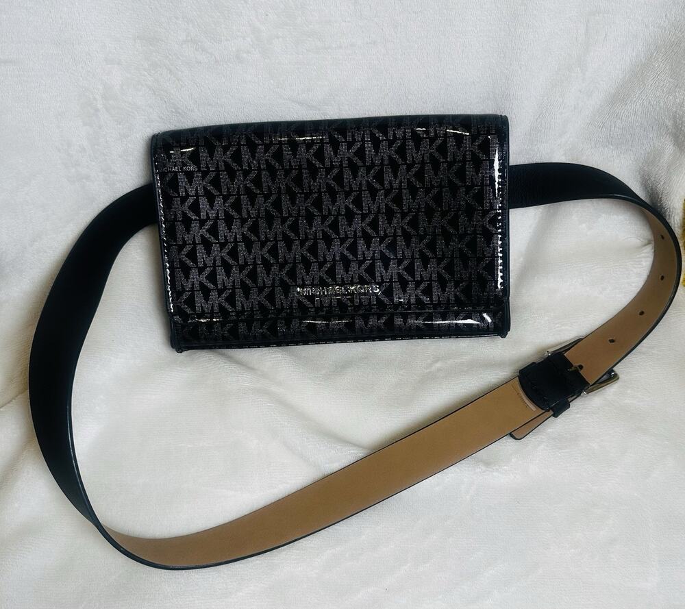 Michael Kors MK Belt Bag Pouch Set Glossy Monogram Waist Bag S/M Black City Chic